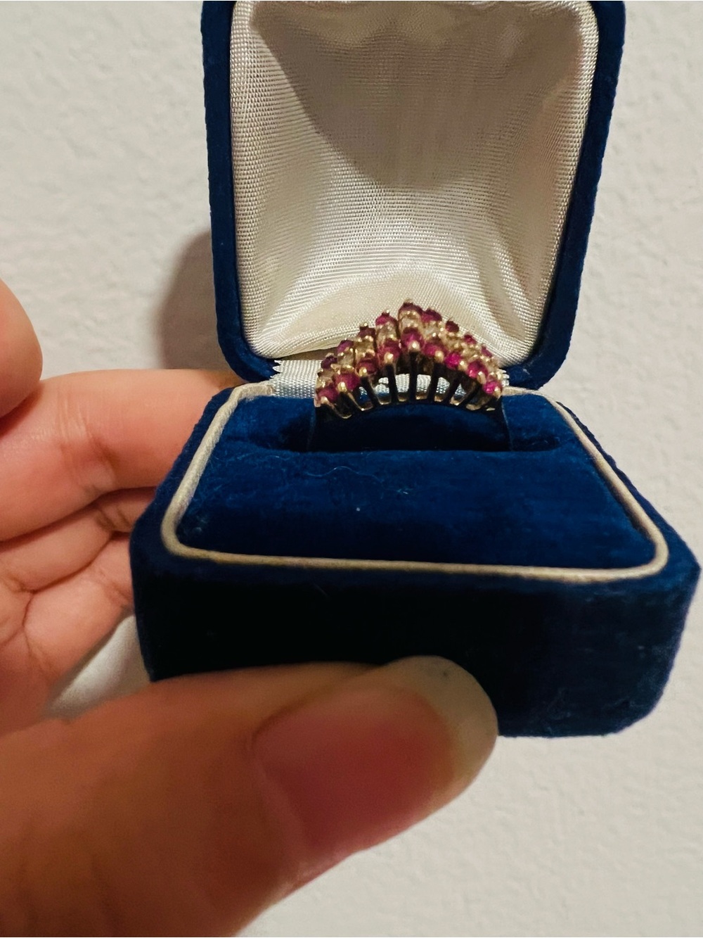 Vintage 14K Gold Natural Ruby & Diamond Tiered Cluster Ring